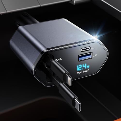 Versatile Retractable Car Charger – 4 in 1 Fast Charging Solution with Dual Type C Cables and 2 USB Ports for i Phone 15/14/13/12/11 Pro Max, Galaxy, Google Pixel – Tangle-Free Convenience & Enhanced Speed for Modern Drivers