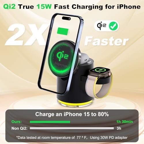 Revolutionary Qi2 Certified 3-in-1 Magnetic Wireless Charging Station for Apple & Samsung Devices – Ultra-Fast 30 W Dock with Seamless Compatibility for i Phone 12-16, i Watches, Air Pods, and Samsung Watches – Compact, Tangle-Free Power Solution in Sleek Black Finish
