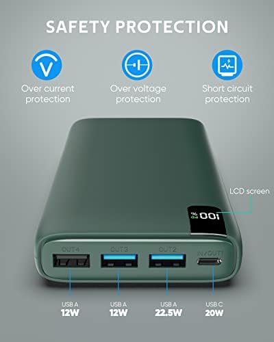 26800 m Ah CONXWAN Portable Power Bank – 22.5 W Fast Charging USB-C Battery Pack with 4 Outputs for i Phone, Android, and Tablets – Essential Travel Charger for On-the-Go Power Solutions in Green