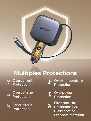 UGREEN 60 W 3-Port Retractable Car Charger with Dual USB-C & USB-A Ports – Rapid Charging Solution for i Phone 16/15, Galaxy S25/S24, i Pad & GPS – Compact Cigarette Lighter Adapter for Enhanced Versatility and Efficiency on the Road
