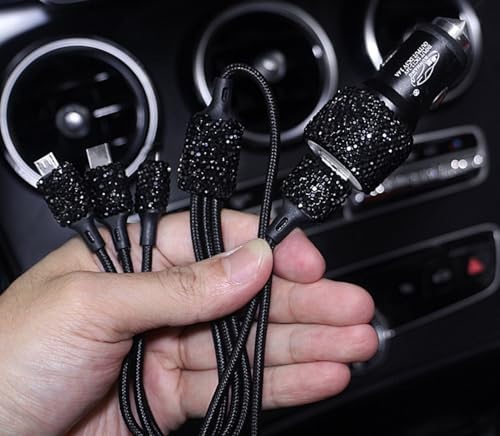 Chic Rhinestone Dual USB Car Charger & 3-in-1 Braided Charging Cable Set – Stylish Bling Accessories for Fast Charging & Enhanced Compatibility – Perfect for Women’s Vehicles in Silver