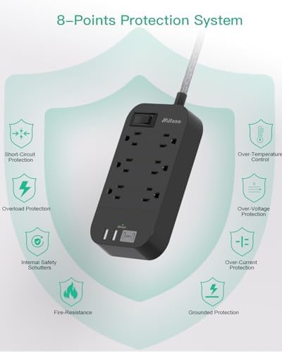 10 FT Flat Plug Power Strip with 6 Outlets and 4 USB Ports – Overload Protection Surge Protector for Home & Office – Versatile Wall Mount Desktop Charging Station for Efficient Power Management and Fast Device Charging