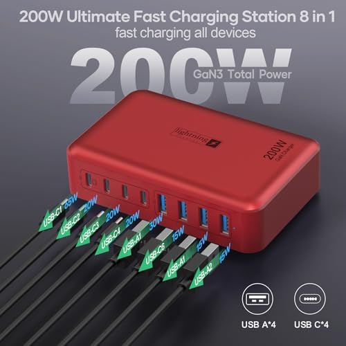 Transform Your Charging Routine with the 200 W 8-Port Fast Charging Hub – Multi-Device USB Station Featuring 65 W Laptop Adapter, Space-Saving Flat Plug, Durable Braided Cable, and User-Friendly On/Off Power Control for Optimal Performance and Safety