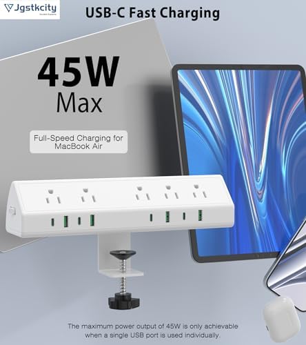 Maximize Efficiency with the 45 W Desk Clamp Charging Station – 4 PD USB-C Ports & 5 AC Outlets, ETL Listed Surge Protector for Ultimate Device Protection, 14 AWG Heavy-Duty Cord, Secure Fit for 1.9″ Tabletops (Black, 6 FT Cable) – Your All-in-One Power Solution for Home and Office