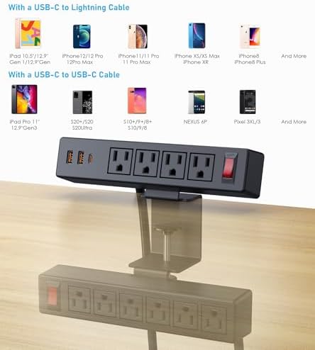 Ultimate Under-Desk Power Management Hub: Dual Layer Desk Clamp Surge Protector with 10 AC Outlets & 3 Fast USB Ports (20 W USB-C), 6 Ft Extension Cord for Efficient Office & Home Charging – ETL Listed for Enhanced Safety and Reliability