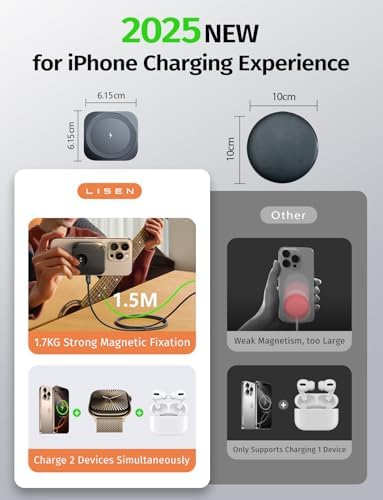 LISEN Mag Safe Charger Stand – Ultimate Wireless Charging Solution for i Phone, Apple Watch & Air Pods – Travel-Friendly Minimalist Design with Enhanced Compatibility & Speed – Durable Non-Slip Base for Secure Charging – Perfect for Home, Office & On-the-Go