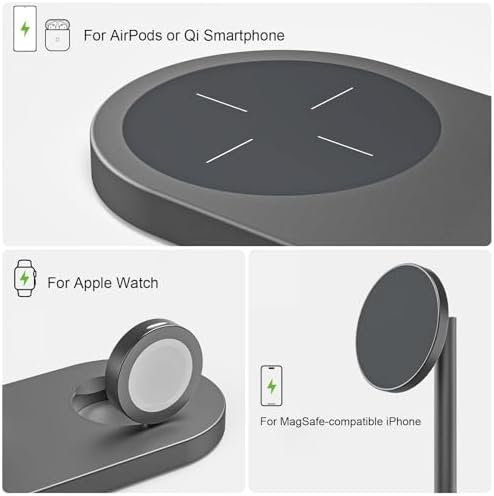 Sleek Aluminum Alloy 3-in-1 Magnetic Wireless Charging Station for Apple Devices – Fast 5 W Charger for i Phone 16/15/14/13/12, Apple Watch 9/8/7/SE & Air Pods – Ideal Travel Accessory for Clutter-Free Charging Solutions