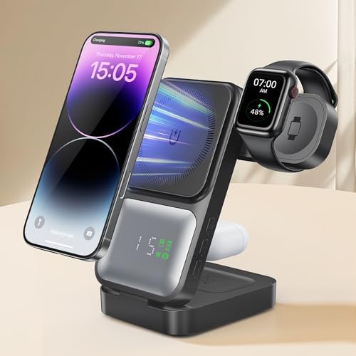 GUSGU Mag Time 5-in-1 Foldable Wireless Charging Station with Real-Time Display, Ultra-Fast Power Delivery for i Phone 16/15/14/13, Apple Watch 9, and Air Pods – Compact, Stylish & Travel-Ready Charging Solution for All Your Smart Devices