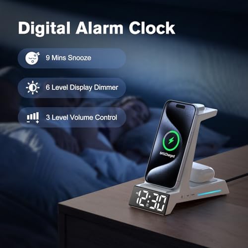 Revolutionize Your Charging Routine with the 4-in-1 Wireless Charging Station Featuring Alarm Clock – Ideal Dock for i Phone 16, 15, 14, 13, 12, 11, X, 8, Air Pods 3/Pro & Apple Watch Series 9-2 – Ultimate Speed & Compatibility for Modern Devices