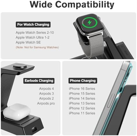 Revolutionary 3-in-1 Wireless Charging Station with LED Alarm Clock – Simultaneous Charging for i Phone 16-11 Pro Max, Apple Watch Series 10-5, and Air Pods Pro 4-2 – Space-Saving Nightstand Dock with Adjustable Brightness, Phone Case Compatibility, and Enhanced Safety Features – Perfect for Home, Office, and Travel