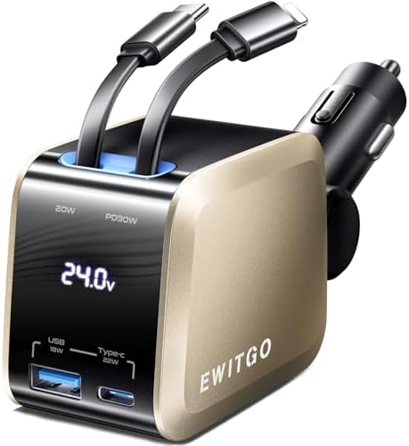 Revolutionary 72 W Retractable USB-C Car Charger – Dual Port Fast Charging Solution for i Phone 16/15/14/13/12 & Samsung Devices, 4 FT Tangle-Free Cables, Sleek Warm Grey Design for Ultimate Convenience and Organization