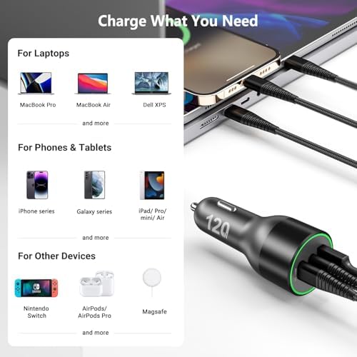 High-Power 200 W USB C Car Charger – Multi-Port PD3.0 QC4.0 Adapter with Dual 100 W Cables for Fast Charging on the Go – Universal Compatibility for Dell XPS, Mac Book, i Phone 16/15/14, Galaxy S24 Ultra & i Pad Pro – Efficient Travel Companion for Modern Devices