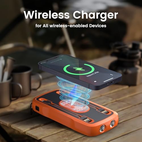 Portable Solar Power Bank 10,000 m Ah – Dual Built-in Cables & Fast 15 W Wireless Charging – Eco-Friendly Design with Cigarette Lighter & 3 LED Flashlight Modes – Perfect for Camping, Emergencies & Everyday Use – Ideal Gift for All Occasions