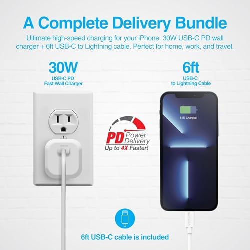 Naztech 30 W USB-C PD Fast Wall Charger with 6 ft MFi Certified USB-C to Lightning Cable – Optimal Charging Solution for i Phone, Android & Laptops – Travel-Friendly Power Delivery Adapter in Sleek White Finish – Rapid Charging Meets Durability