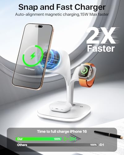 Revolutionary EXW Multi-Device Wireless Charging Hub: High-Performance Mag Safe Charger for i Phone 16/15/14/13/12, Apple Watch Series 1-9, and Air Pods – Sleek Black Finish with LED Charging Indicator & Complimentary Adapter for Effortless Device Management