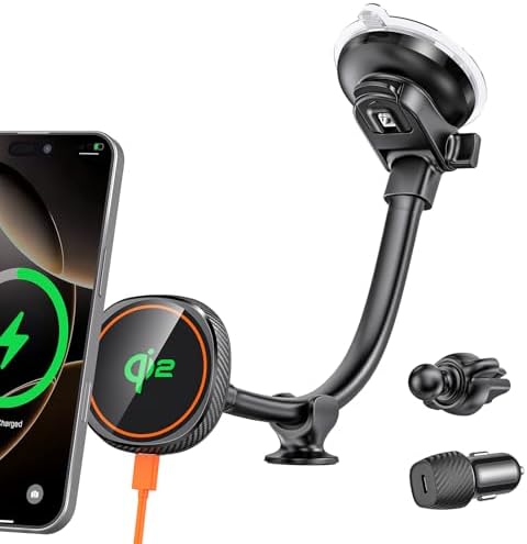 OQTIQ Magnetic Wireless Car Charger for i Phone 12-16 Series – 15 W Fast Charging with Secure Magnetic Mount, Versatile Windshield, Dashboard, & Air Vent Compatibility, Includes QC 3.0 Adapter for Optimal Performance – Upgrade Your Driving Experience with Effortless Charging & Navigation Access