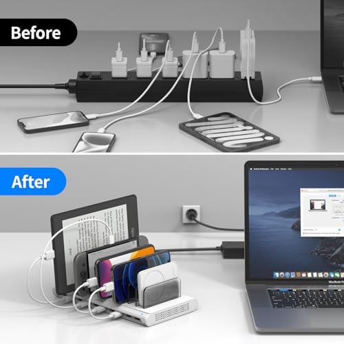 Unitek 10-Port USB Charging Station – High-Speed Multi-Device Charger with Smart IC Technology, Adjustable Dividers for i Pad, i Phone, Tablet & Kindle – Sleek White Design for Organized Charging in Homes & Offices