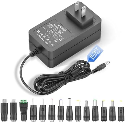 Universal 12 V AC/DC Power Adapter – 4 A High-Efficiency Converter with 14 Interchangeable Tips for LED Strip Lighting, CCTV Cameras, Monitors & Routers – Global Voltage Compatibility (100-240 V) for Optimal Performance and Versatile Power Solutions