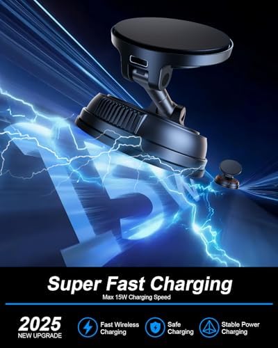 15 W Magnetic Wireless Car Charger for i Phone 12-17 Series – Ultra-Fast Charging with Secure Magnetic Suction for Dashboard & Windshield – Stylish Mag Safe-Compatible Phone Mount for Effortless On-the-Go Connectivity and Power