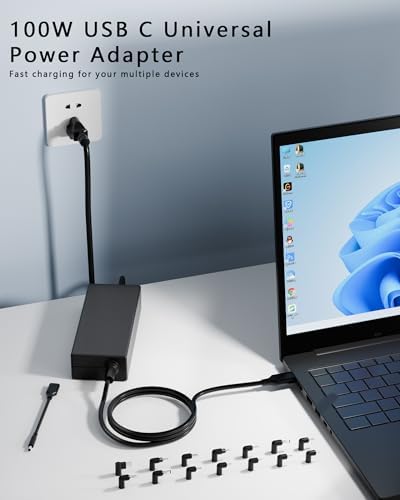Ultimate 100 W USB-C Universal Laptop Charger with 15 Interchangeable Tips – Fast Charging Power Adapter for Mac Book, Dell, HP, Lenovo, Asus, Acer, Samsung & Chromebook – Global Compatibility with Smart Auto-Detection & Advanced Safety Features
