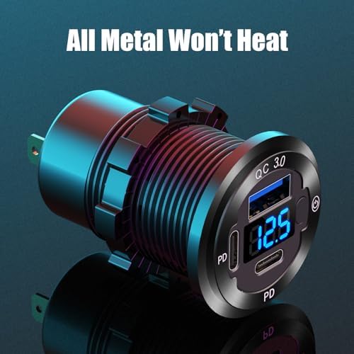 High-Performance 2 Pack 12 V USB Outlet Car Charger Socket – Triple Port Aluminum Fast Charging Adapter with 30 W Dual PD USB-C and Quick Charge 3.0, Waterproof Design with Built-in Voltmeter & Power Control for Marine, RV, Motorcycle, and Truck Applications – Ultimate Durability and Versatile Compatibility for All Devices