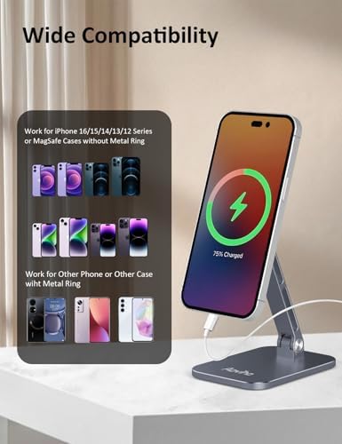 Magnetic Phone Stand for MagSafe Adjustable – Aluminum Portable Phone Holder for Desk with 360° Rotating Head Compatible with iPhone 16/15/14/13/12 Pro Max and Magnetic Phone Case, Silver – Enhanced Compatibility and Speed