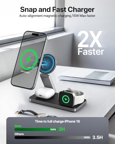 3-in-1 Magnetic Foldable Wireless Charging Station – Ultra-Fast Mag-Safe Charger for i Phone 16/15/14/13/12, Apple Watch Ultra/SE/10/9/8/7/6/5/4, Air Pods Pro/4/3/2 | Compact & Adjustable Design with Enhanced Safety Features in Black & White – Perfect for Home & Travel
