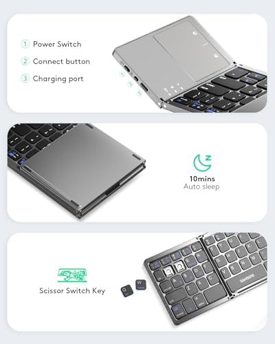 Samsers Portable Bluetooth Keyboard with Touchpad – Ultra-Slim Foldable Wireless Keyboard for Effortless Typing on Android, Windows, and i OS Devices – Rechargeable, Travel-Friendly Design with Device Holder – Black