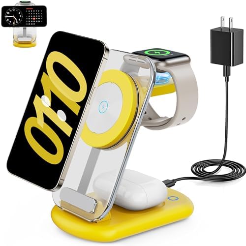 2025 Magnetic 3-in-1 Wireless Charging Station for i Phones, Apple Watches, and Air Pods – Fast Travel Charger with Integrated Light Indicator – Compact Design for Ultimate Portability – Perfect Gift for Tech-Savvy Couples – Compatible with i Phone 16, 15, 14, 13, 12 Pro Max Plus, Air Pods 4, 3, 2, Pro and Apple Watch Series – Enhance Your Charging Experience with Rapid Power-Up Technology