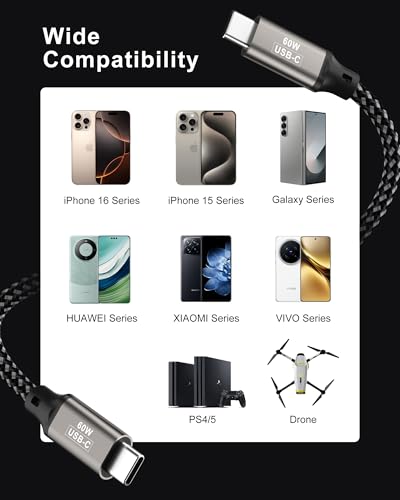 20FT USB C Cable 60W, Extra Long USB C to USB C Cable, Type C Charger Fast Charging Cord, Compatible with iPhone 16 15 Pro Max Plus, Samsung Galaxy, Pixel, iPad Pro/Air, MacBook Pro/Air – Enhanced Compatibility and Speed