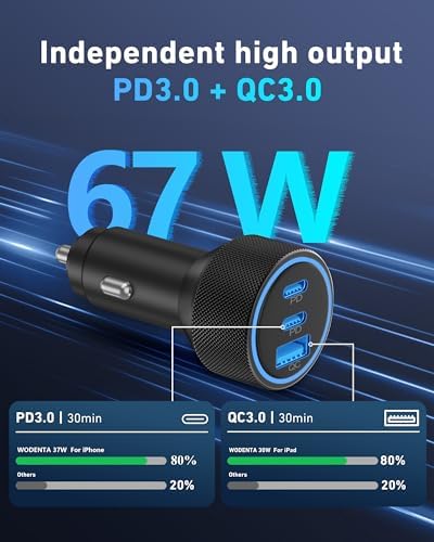 67 W 3-Port USB-C Car Charger for i Phone 15/16 Pro Max – Rapid Charging with Included 3 FT USB-C Cable for i Pad, Air, Pro & Mini – Universal Cigarette Lighter Adapter for On-the-Go Convenience and Enhanced Device Compatibility