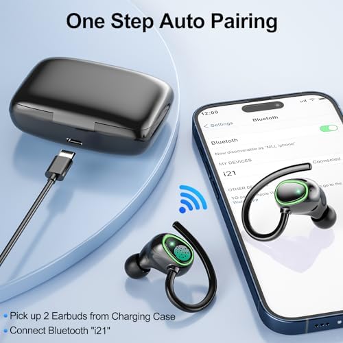 Premium Bluetooth Wireless Earbuds – 60-Hour Playback, IPX6 Waterproof for Ultimate Protection, Secure Over-Ear Hooks for Active Lifestyles, Enhanced Bass for Sports and Workouts, Built-in Microphone with LED Battery Indicator, Seamless Bluetooth Connectivity for All-Day Comfort and Performance