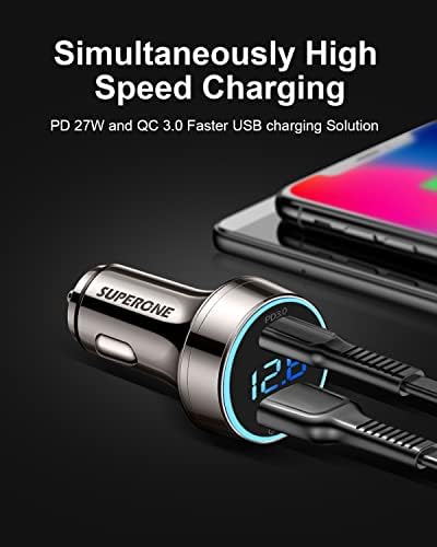 Experience Effortless Fast Charging with the SUPERONE 45 W Dual USB-C Car Charger Adapter – High-Speed 27 W PD & 20 W QC3.0 Ports, Real-Time LED Voltmeter Monitoring, Compatible with i Phone 15/14/13 Series, Google Pixel 7/6/5, Samsung Galaxy S22/21 & More – Premium Copper Design for Ultimate Durability and Efficiency on the Go, Ensuring Safe and Reliable Power for All Your Devices While Driving.