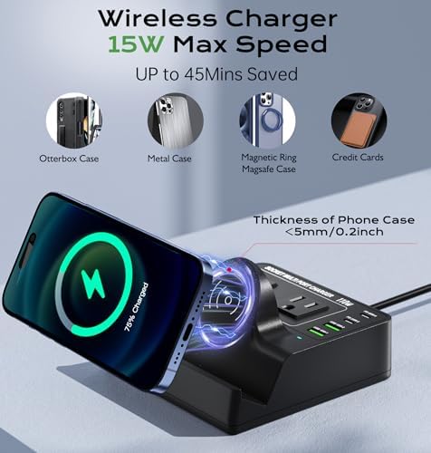 TOPOINT 7-in-1 Multi-Device Charging Hub with Wireless Charging Pad – 65 W Fast USB-C Power Strip for i Phone, Samsung, Mac Book, and More – Ultimate Compatibility and Space-Saving Design for Home and Office Use