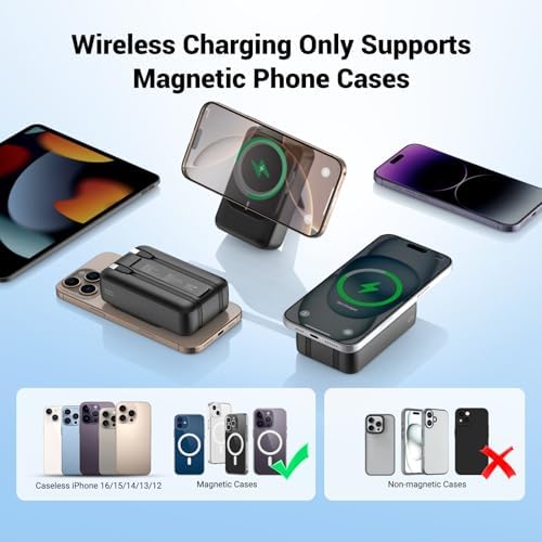 26800 m Ah Magnetic Wireless Power Bank with PD 22.5 W Fast Charging – Multi-Device Portable Charger for i Phone 16/15/14/13/12 Series – Built-in Cables, Kickstand, LED Power Indicator – Universal Compatibility for Smartphones and Tablets – Safe, Efficient Charging Solution in Sleek White Finish