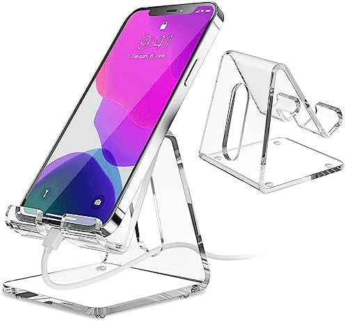 KTRIO 2 Pack Acrylic Cell Phone Stand Holder for Desk, Clear Phone Dock Cradle Compatible with iPhone 16/15/14/13 Pro Max 12/11 XR, All Smartphones, Office Accessories – Enhanced Compatibility and Speed