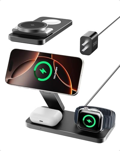 Intoval 3-in-1 Foldable Wireless Charging Station – Qi2 Certified 15 W Fast Charger for i Phone 16/15/14/13/12, Apple Watch & Air Pods, Magnetic Stand with 30 W Adapter – Ultimate Convenience & Portability for Modern Lifestyles