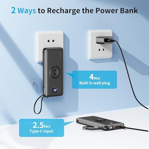 Revolutionize Your Charging Experience with ANOUV 10,000 m Ah Portable Power Bank – Built-in Cables & AC Plug for Fast, On-the-Go USB-C Charging, Compatible with i Phones and All Smart Devices – LED Display for Real-Time Battery Monitoring – The Ultimate Travel Essential for Efficiency and Convenience