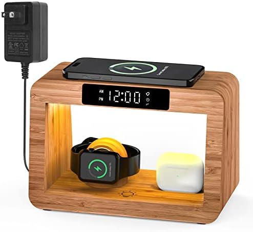 Eco-Friendly 3-in-1 Bamboo Wireless Charging Hub with Integrated LED Lamp & Alarm Clock – Fast Charging Solution for i Phone 14/13/12/11 Pro Max, Apple Watch & Air Pods Pro – Stylish Organizer for Sustainable Living Spaces