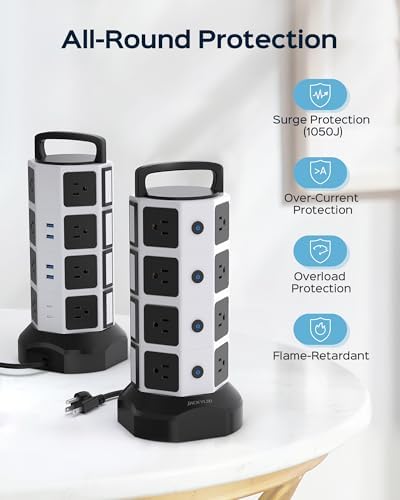 JACKYLED Power Strip Tower Surge Protector with 12 Outlets and 6 USB Ports (2 USB-C) – High-Speed Charging Station with 1050 Joules Protection, 1625 Watts, 6.5 ft Extension Cord for Enhanced Home Office Efficiency and Device Safety