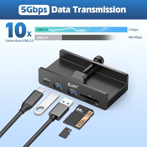 EJAY Aluminum 5-Port USB 3.0 Hub with Integrated Card Reader – Streamlined Desktop Docking Station for Ultimate Connectivity – High-Speed 5 Gbps Data Transfer, Enhanced Power Supply Options, and Extended Cables for Maximum Efficiency – Perfect for Home and Office Setups