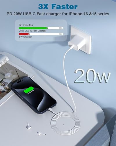Ultra-Long 10-Foot Fast Charging Cable for i Phone 16/15 with 20 W USB-C Charger Block – Superior Speed and Versatility for i Pad Pro, Air Pods, and S25 Devices – Unmatched Convenience for Home and On-the-Go Charging Solutions