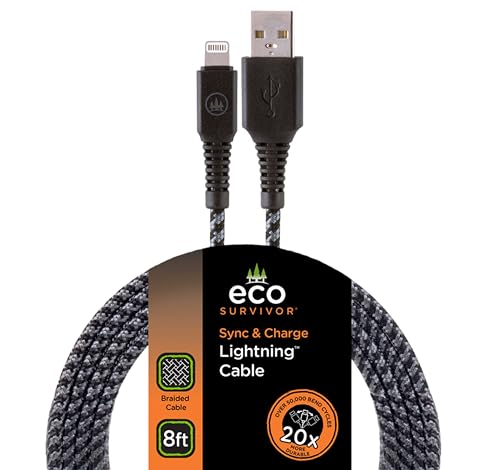 Eco Survivor 8 ft Lightning Charging Cable – MFi Certified, Durable USB-A to Lightning Connector for i Phone & i Pad Compatibility – Eco-Friendly, Enhanced Speed, Strain Relief Design – Perfect for Home & Travel Use