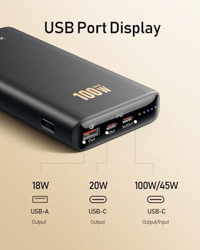 VEEKTOMX 65 W Fast Charging Laptop Power Bank – 20000 m Ah Portable USB-C PD 3.0 Charger for Mac Book, i Phone 15/14/13, i Pad, Samsung, Steam Deck – Ultimate Travel Companion with LED Display & Multi-Device Support
