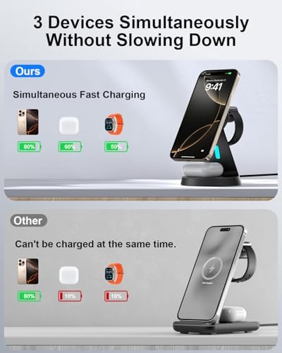 Elevate Your Charging Game with the 3-in-1 Wireless Charger for i Phone – Premium Mag Safe Compatible Station for i Phone, Apple Watch & Air Pods, Fast Charging in Sleek Black (2025 US Model) – Experience Effortless Alignment & Enhanced Compatibility for All Your Apple Devices