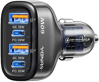 Experience Rapid Roadside Charging with SUNDA 120 W USB C Fast Car Charger – 4-Port Adapter Featuring Dual Type C PD60 W/PPS60 W for i Phone 16/15 Pro/Max/14 & Samsung Galaxy S24, Plus Dual USB-A 30 W QC3.0 for All Android Devices – Compact, Durable, and Universally Compatible for Effortless Multi-Device Charging on the Go