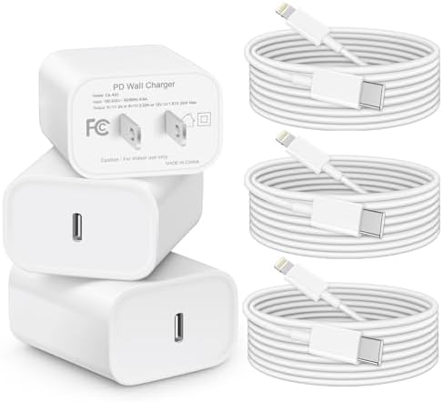 Enhanced 20 W Power Delivery Fast Charging Kit for i Phone 14/13/12 – MFi Certified 3-Pack of 6-Foot USB-C to Lightning Cables with Compact Wall Charger – Superior Compatibility for All Apple Devices – Durable and Efficient Charging Solution for Active Lifestyles