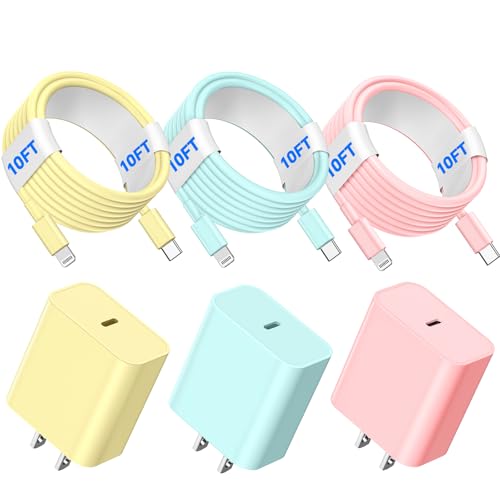 Vibrant 10 FT USB C to Lightning Charging Cable 3-Pack – Fast Charging for i Phone 14, 13, 12, 11 Pro Max, X, XS, XR, SE, and More – Durable & Tangle-Free Design in Yellow, Blue, Pink for Enhanced Flexibility and Comfort