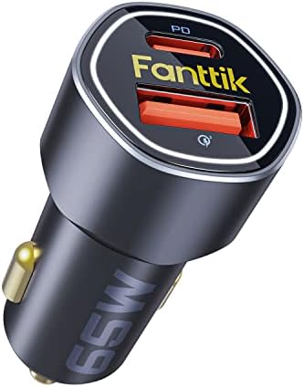 High-Performance Fanttik 65 W Dual Port USB-C Car Charger – Fast Charging Adapter for i Phone 14/14 Pro, Mac Book Air, and Samsung Galaxy Devices – Enhanced PD3.0 & QC3.0 Compatibility for On-the-Go Power Solutions