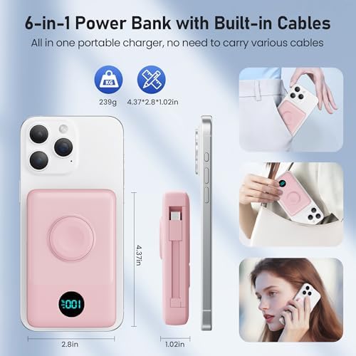 Revolutionary Magnetic Portable Charger for i Phone – 6-in-1 Power Bank with 10,800 m Ah Capacity, Built-in Cables, Apple Watch Charger, and LCD Display – 25 W PD Fast Charging for i Phone 16/15/14/13/12 and Mag Safe Compatibility – Ultimate On-the-Go Charging Solution